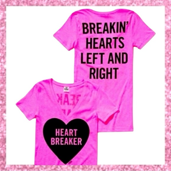 Vintage 2011 Victoria's Secret PINK Heart Breaker Tee Rare V-Day V-Neck, Size L - Picture 1 of 6